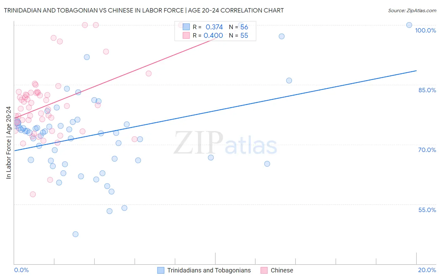 Trinidadian and Tobagonian vs Chinese In Labor Force | Age 20-24