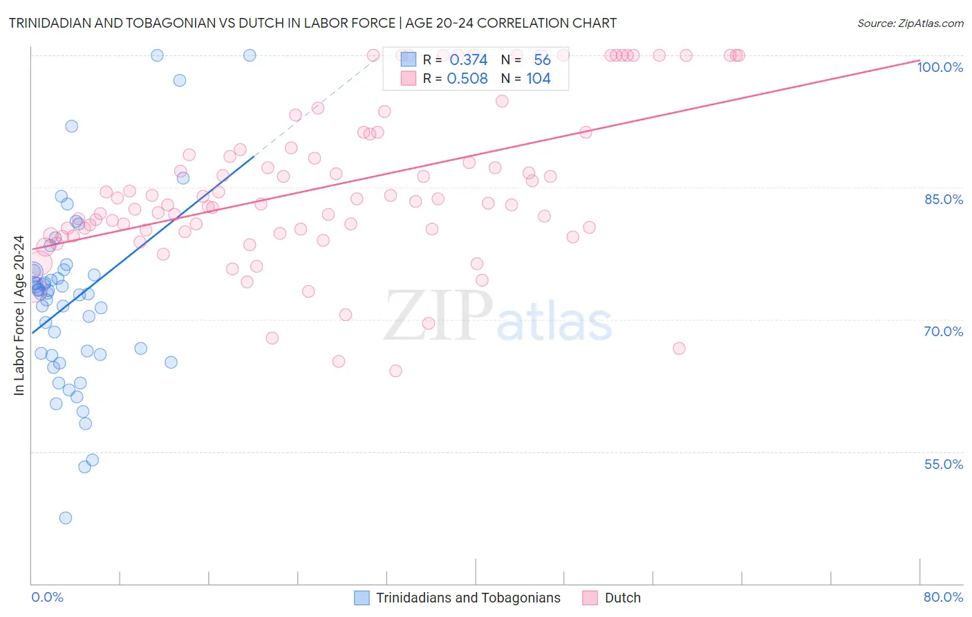 Trinidadian and Tobagonian vs Dutch In Labor Force | Age 20-24