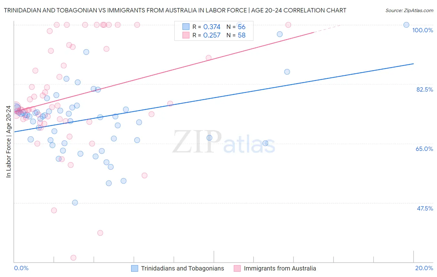 Trinidadian and Tobagonian vs Immigrants from Australia In Labor Force | Age 20-24