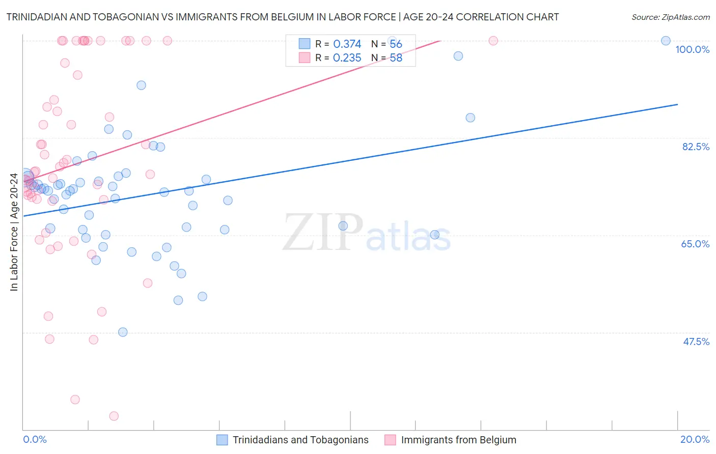 Trinidadian and Tobagonian vs Immigrants from Belgium In Labor Force | Age 20-24
