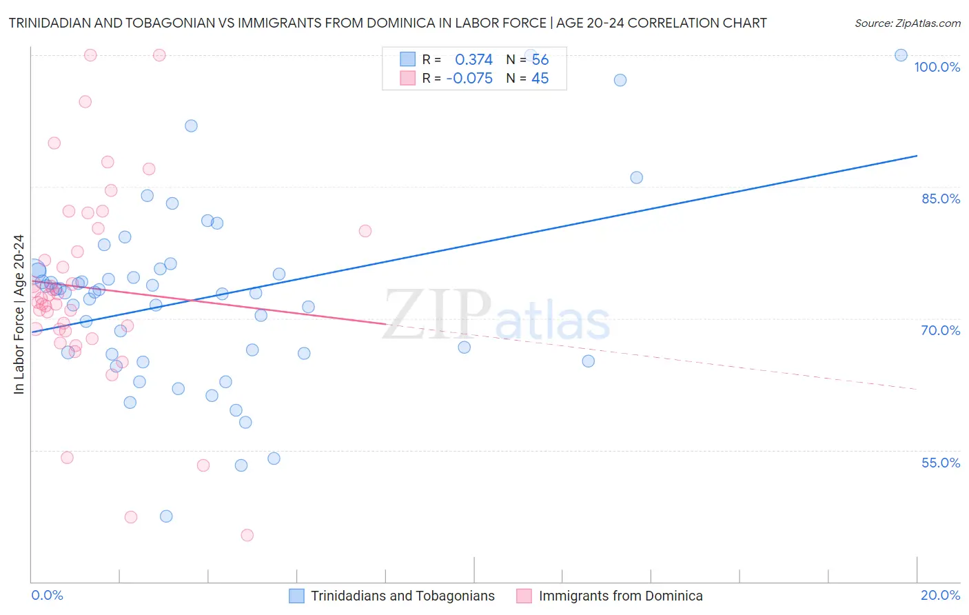 Trinidadian and Tobagonian vs Immigrants from Dominica In Labor Force | Age 20-24
