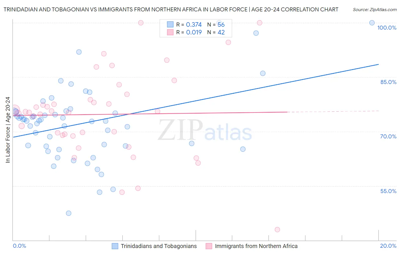 Trinidadian and Tobagonian vs Immigrants from Northern Africa In Labor Force | Age 20-24