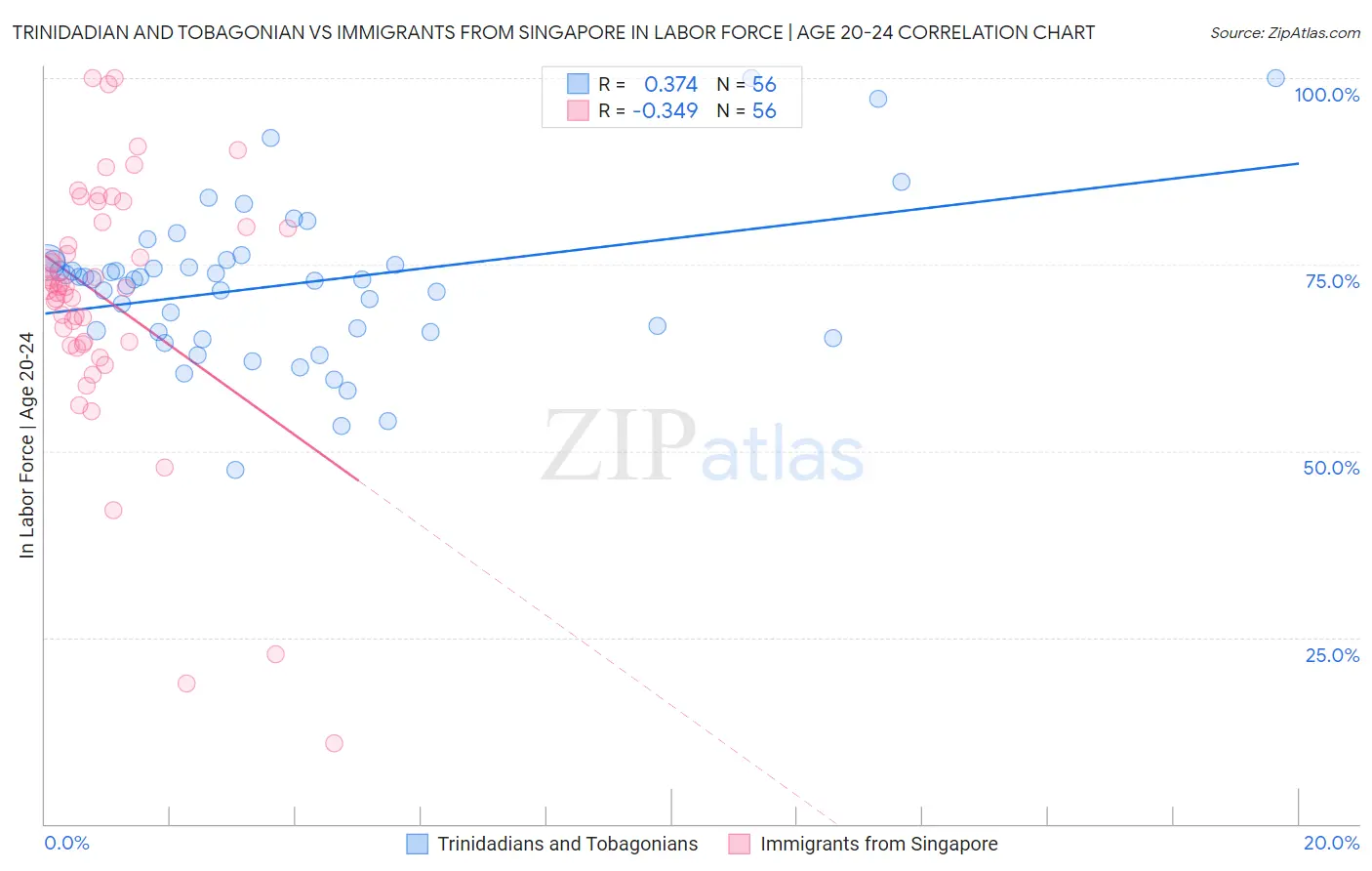 Trinidadian and Tobagonian vs Immigrants from Singapore In Labor Force | Age 20-24