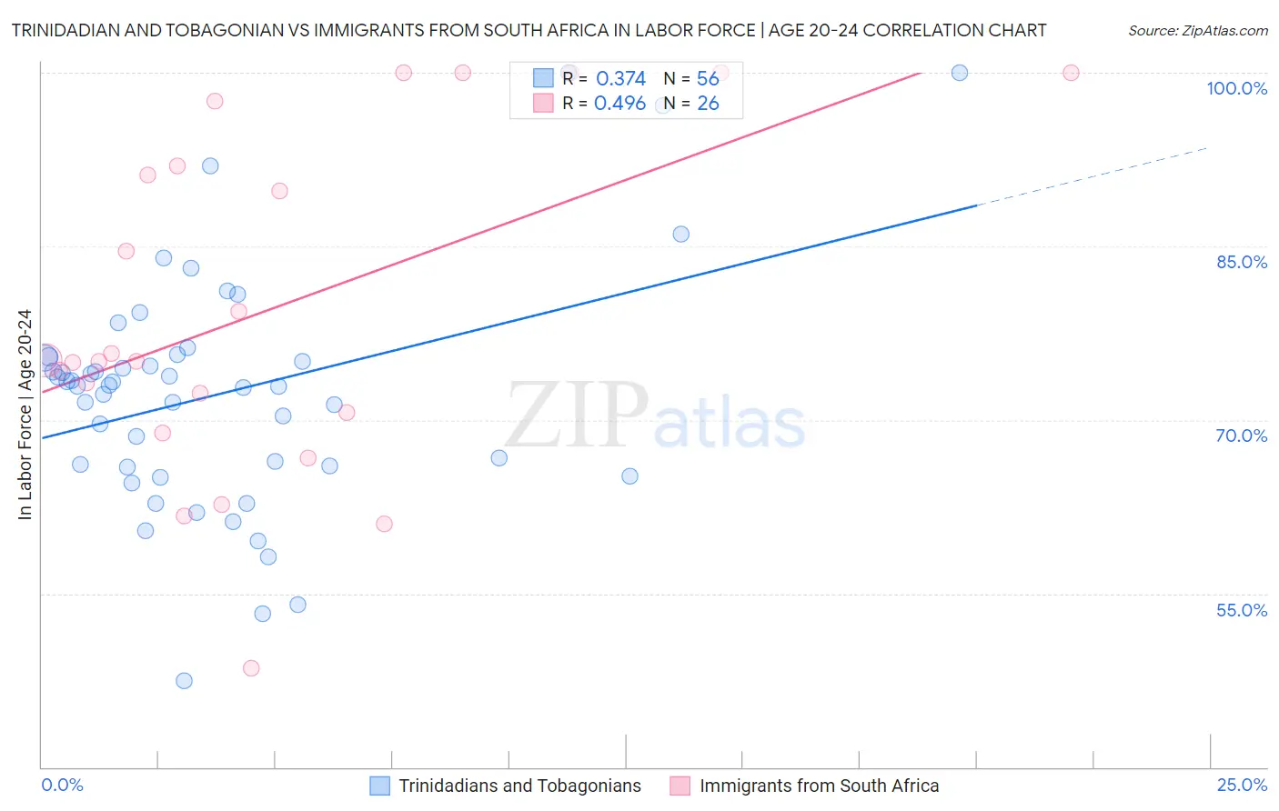 Trinidadian and Tobagonian vs Immigrants from South Africa In Labor Force | Age 20-24