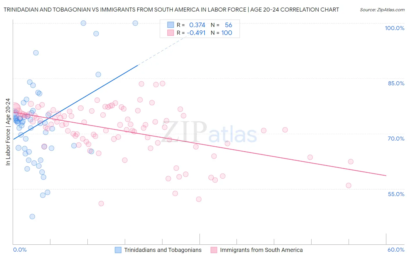 Trinidadian and Tobagonian vs Immigrants from South America In Labor Force | Age 20-24