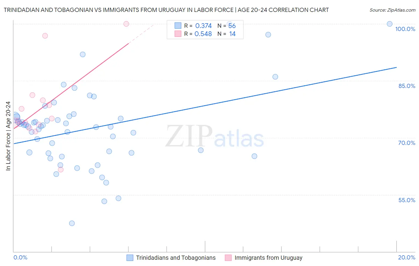 Trinidadian and Tobagonian vs Immigrants from Uruguay In Labor Force | Age 20-24