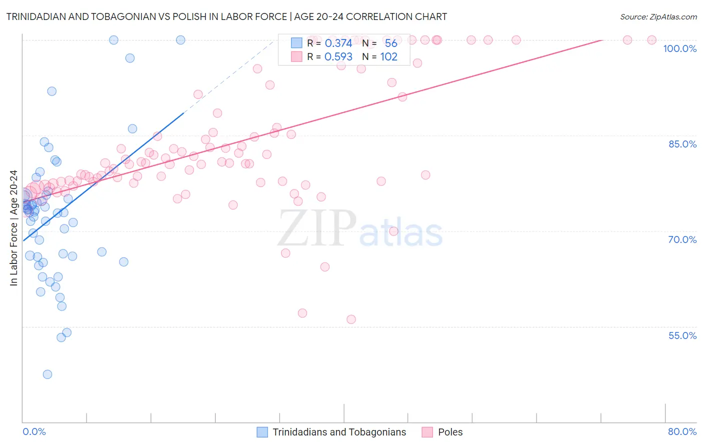 Trinidadian and Tobagonian vs Polish In Labor Force | Age 20-24