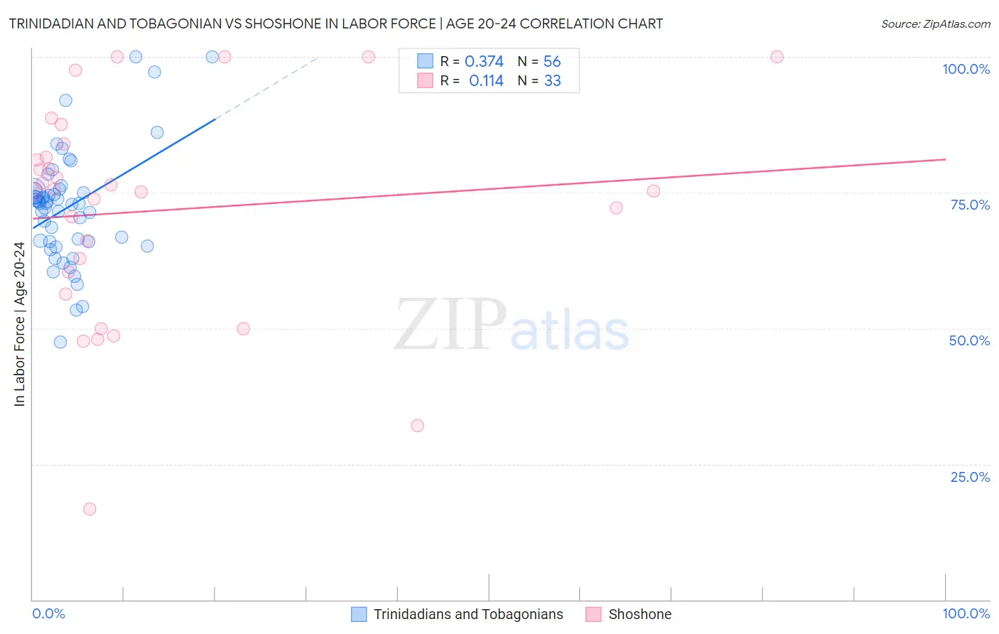 Trinidadian and Tobagonian vs Shoshone In Labor Force | Age 20-24