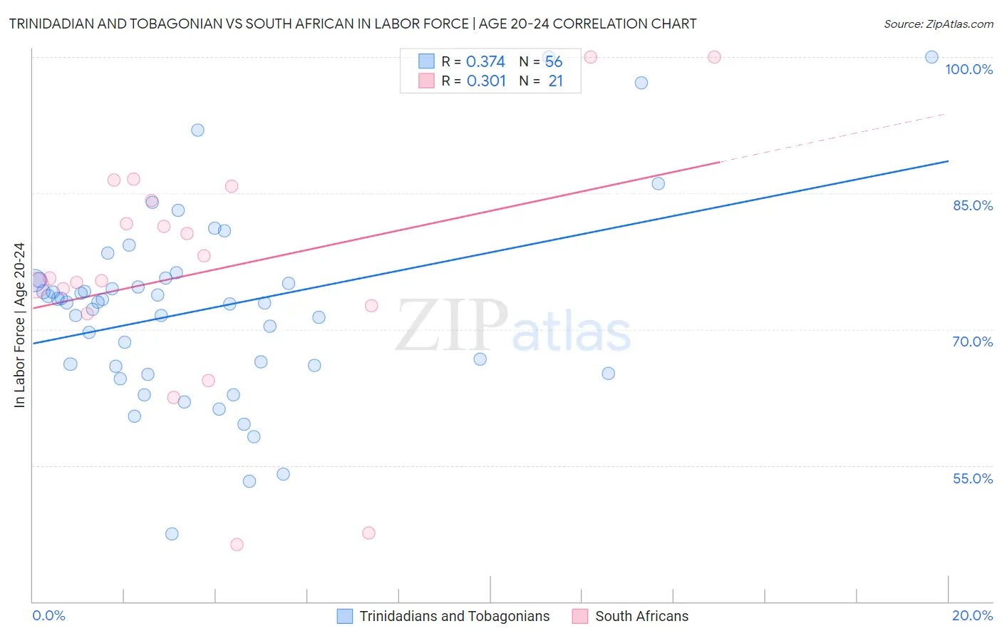 Trinidadian and Tobagonian vs South African In Labor Force | Age 20-24