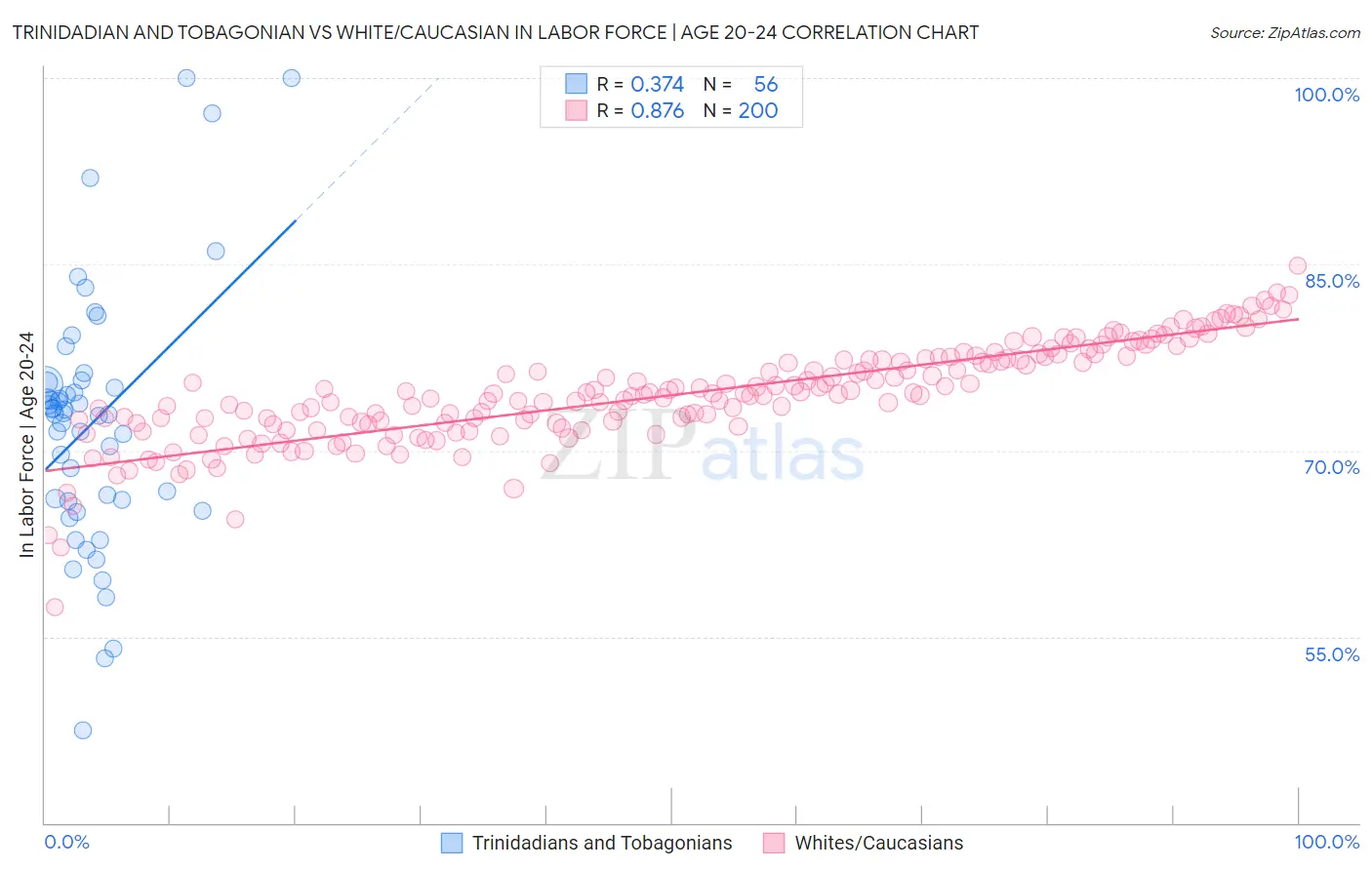 Trinidadian and Tobagonian vs White/Caucasian In Labor Force | Age 20-24