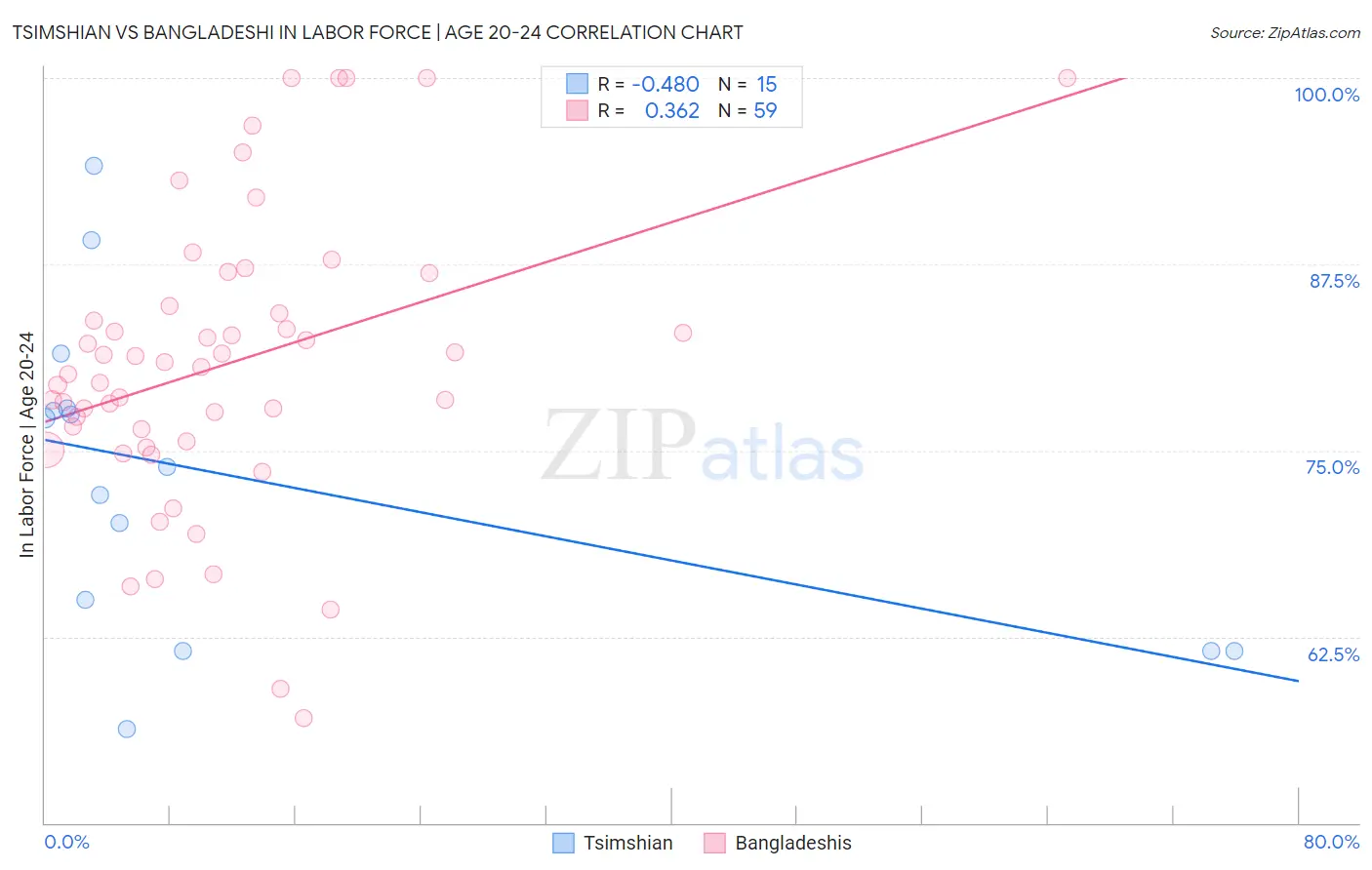 Tsimshian vs Bangladeshi In Labor Force | Age 20-24