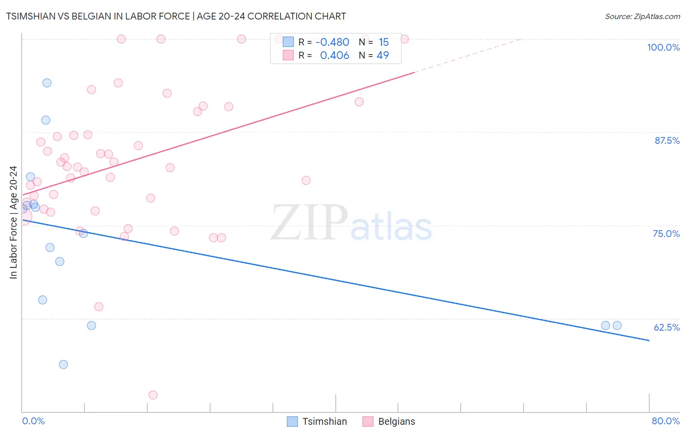 Tsimshian vs Belgian In Labor Force | Age 20-24