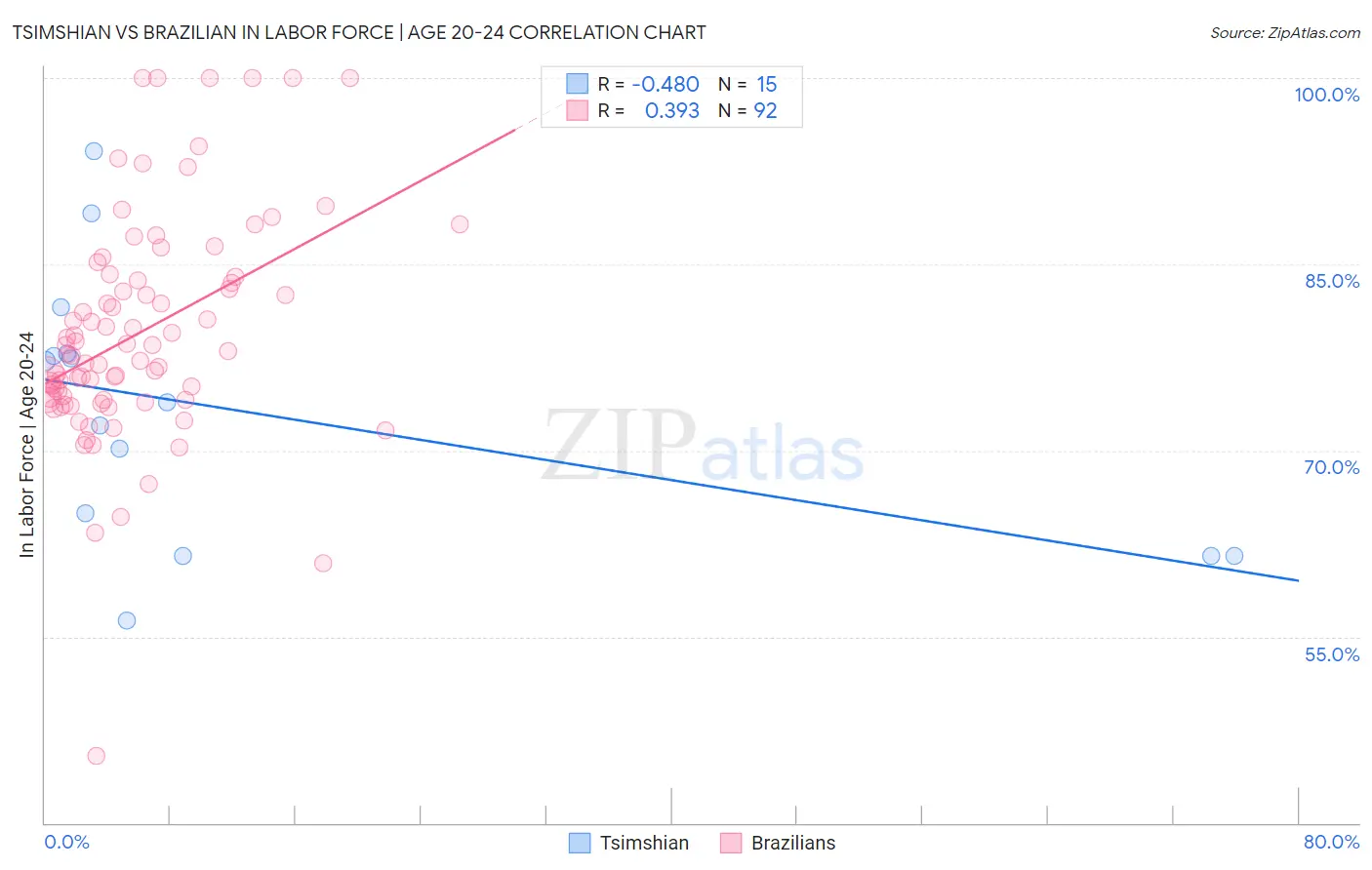 Tsimshian vs Brazilian In Labor Force | Age 20-24