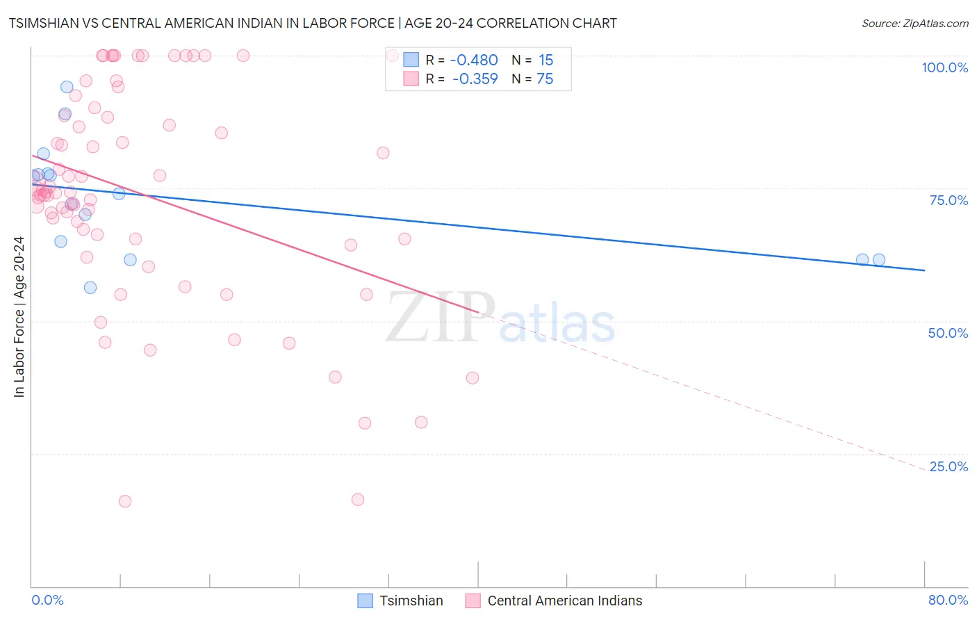 Tsimshian vs Central American Indian In Labor Force | Age 20-24