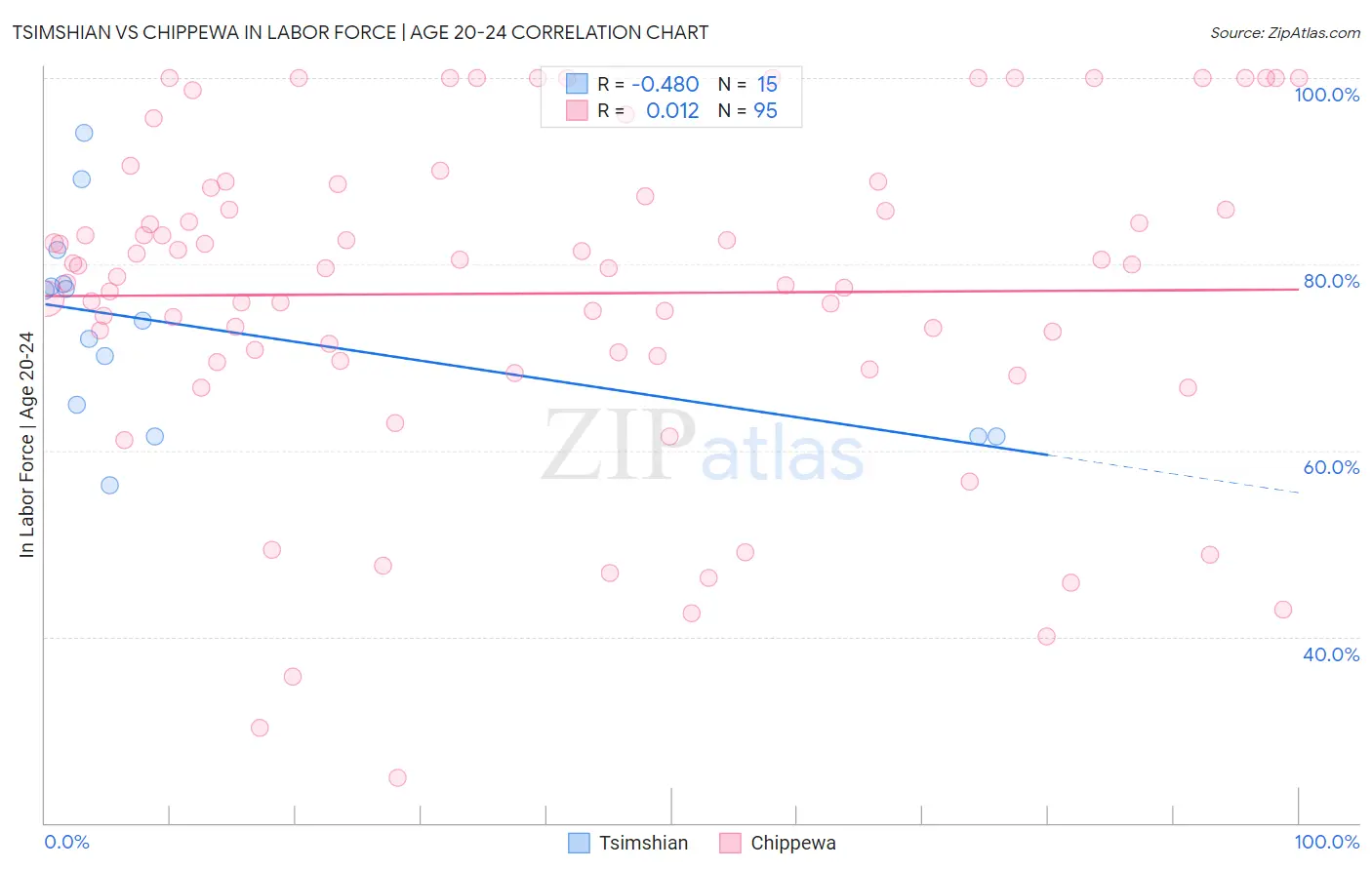 Tsimshian vs Chippewa In Labor Force | Age 20-24