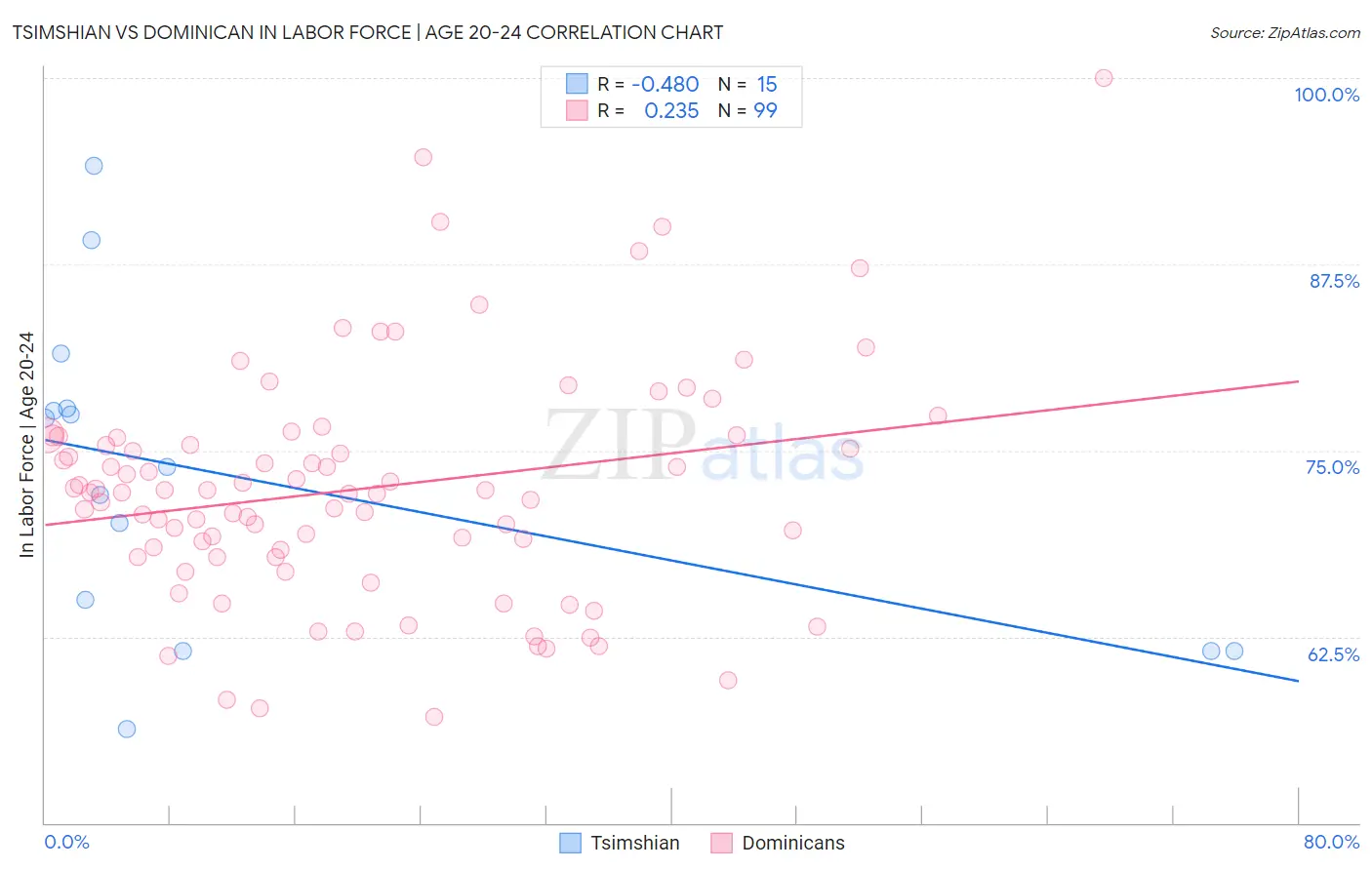 Tsimshian vs Dominican In Labor Force | Age 20-24