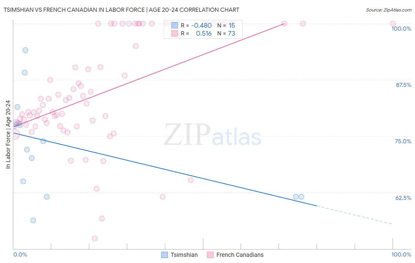 Tsimshian vs French Canadian In Labor Force | Age 20-24