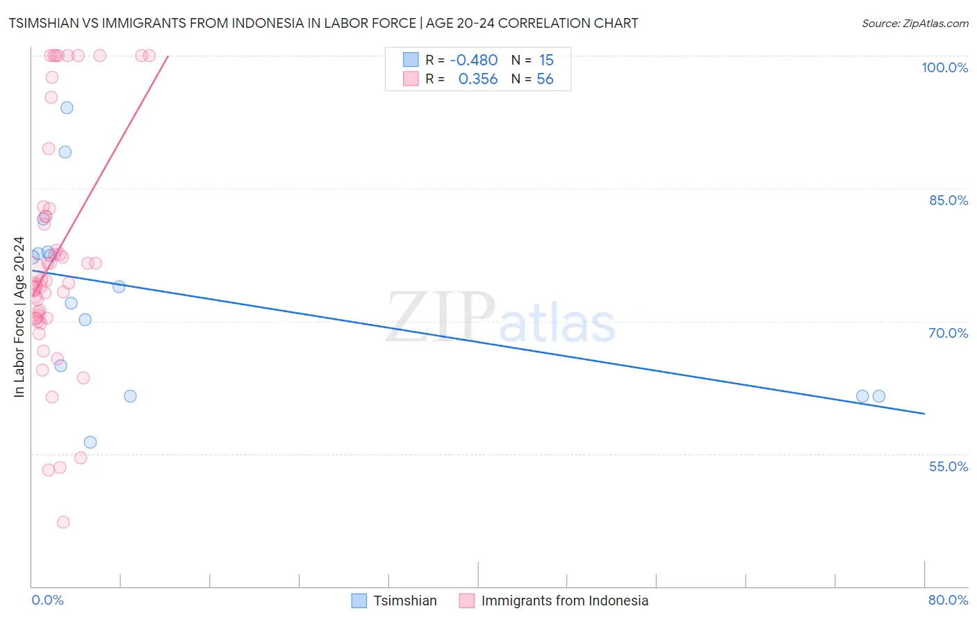 Tsimshian vs Immigrants from Indonesia In Labor Force | Age 20-24