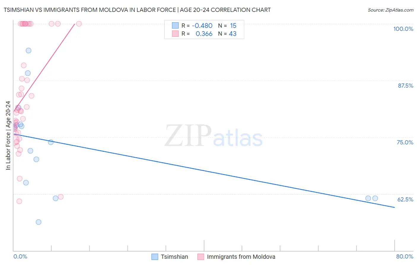 Tsimshian vs Immigrants from Moldova In Labor Force | Age 20-24