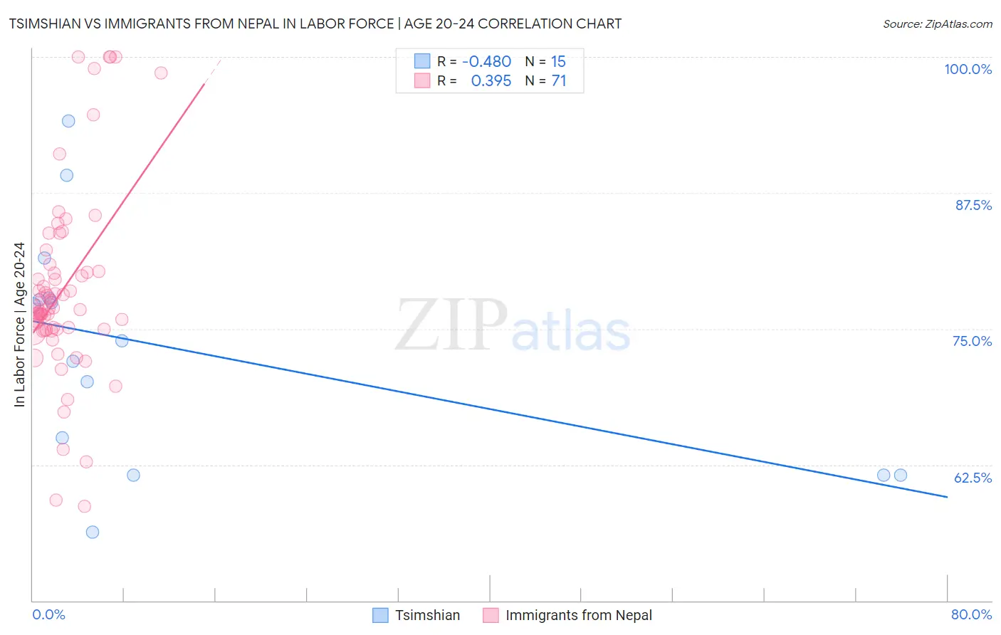 Tsimshian vs Immigrants from Nepal In Labor Force | Age 20-24
