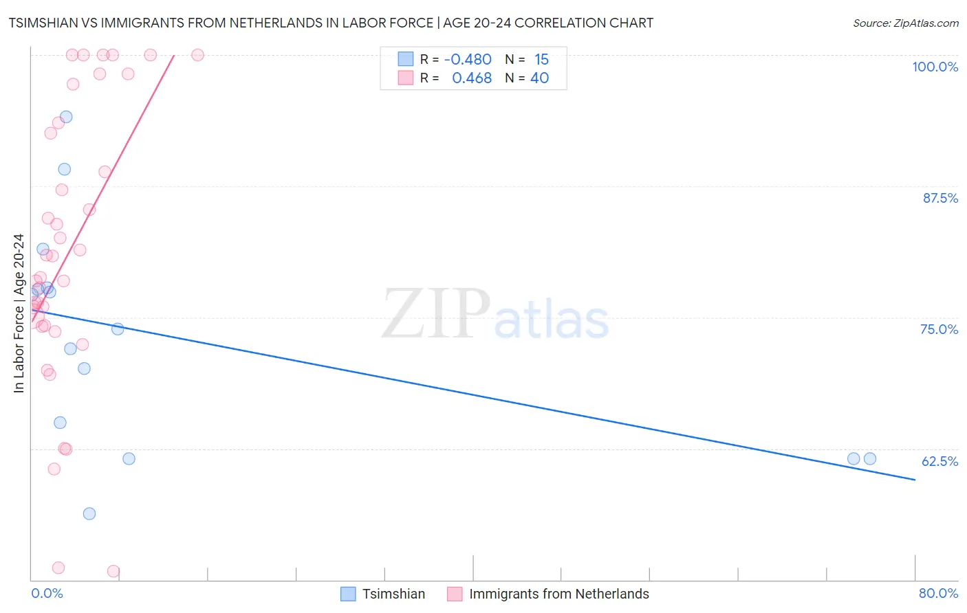 Tsimshian vs Immigrants from Netherlands In Labor Force | Age 20-24