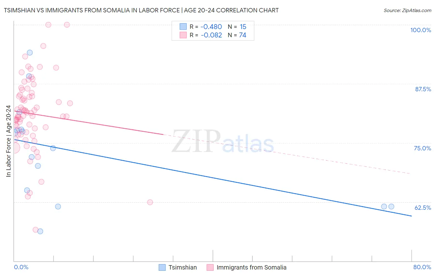 Tsimshian vs Immigrants from Somalia In Labor Force | Age 20-24