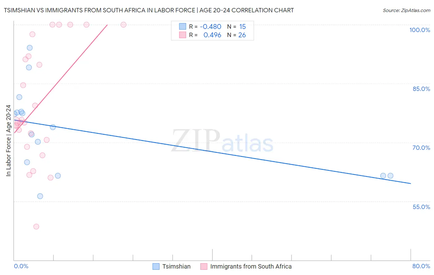 Tsimshian vs Immigrants from South Africa In Labor Force | Age 20-24