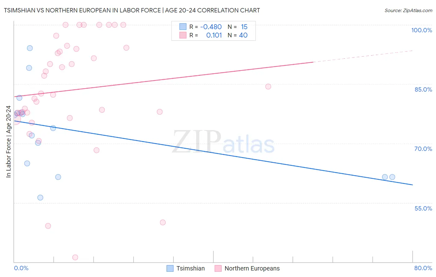 Tsimshian vs Northern European In Labor Force | Age 20-24