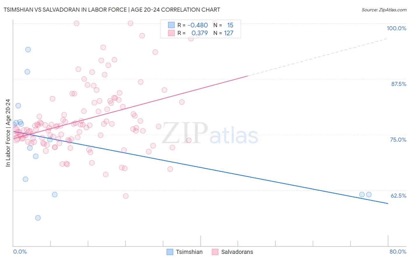 Tsimshian vs Salvadoran In Labor Force | Age 20-24