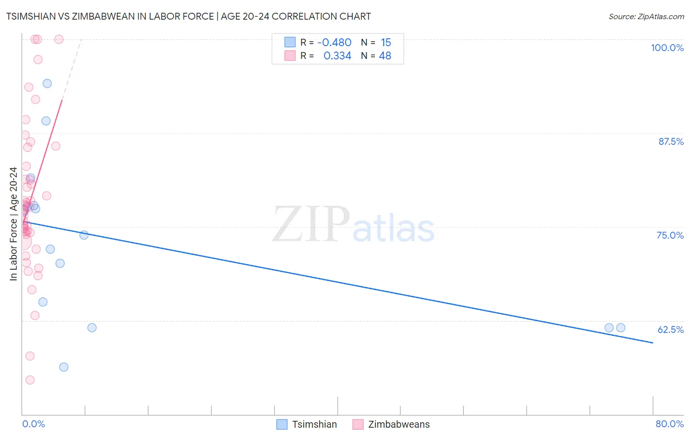 Tsimshian vs Zimbabwean In Labor Force | Age 20-24