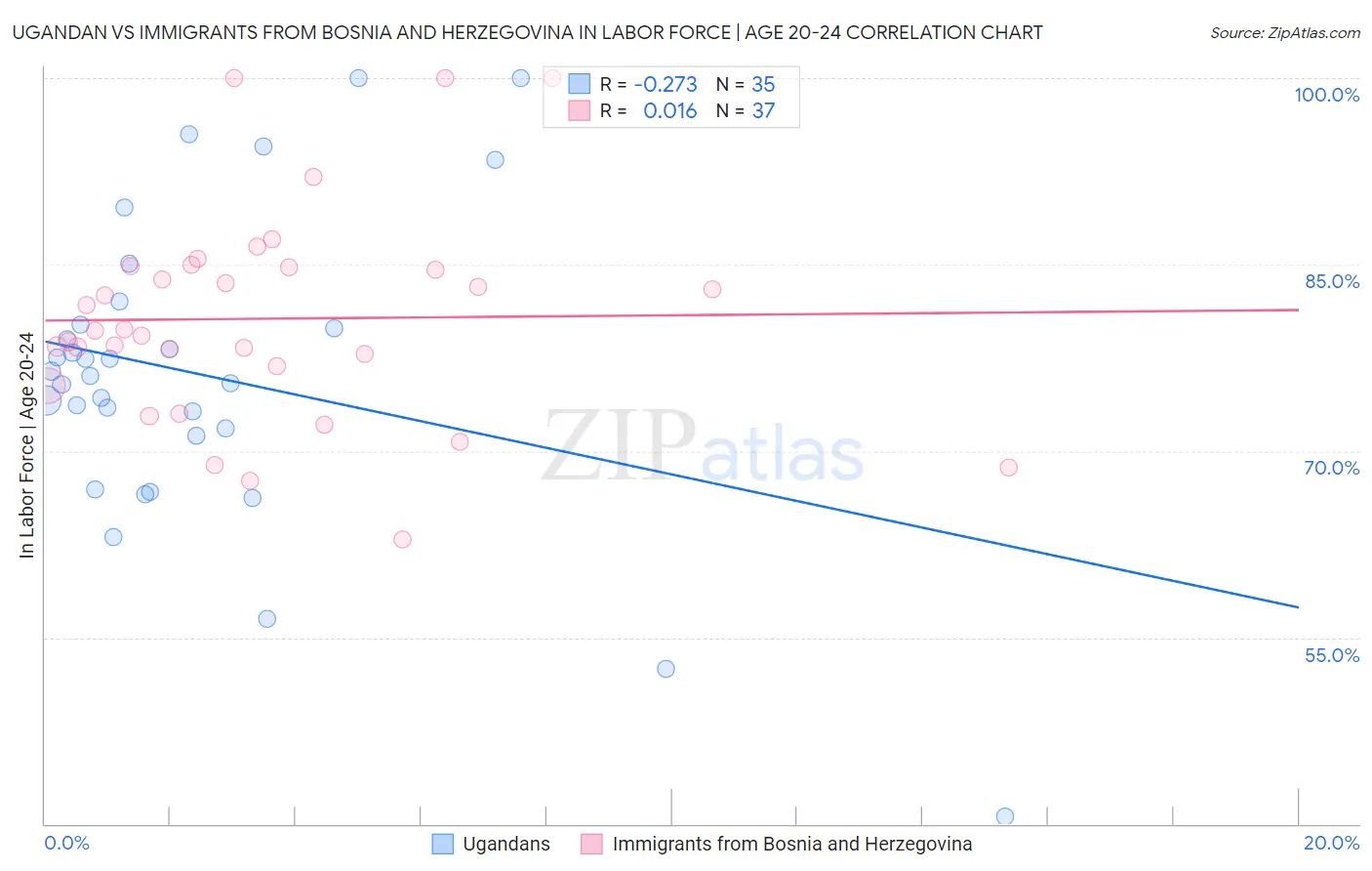 Ugandan vs Immigrants from Bosnia and Herzegovina In Labor Force | Age 20-24