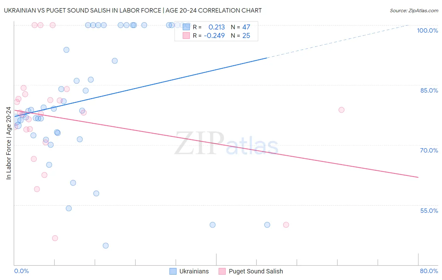 Ukrainian vs Puget Sound Salish In Labor Force | Age 20-24