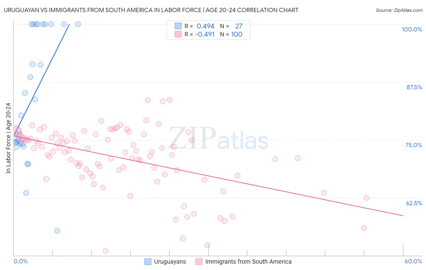 Uruguayan vs Immigrants from South America In Labor Force | Age 20-24
