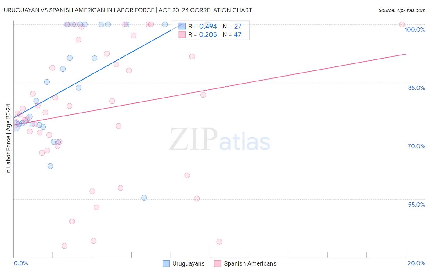 Uruguayan vs Spanish American In Labor Force | Age 20-24