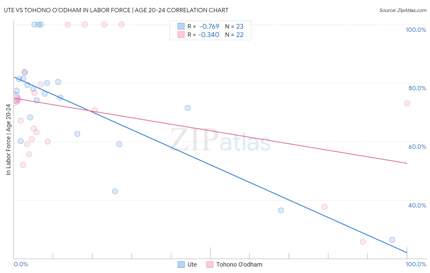 Ute vs Tohono O'odham In Labor Force | Age 20-24