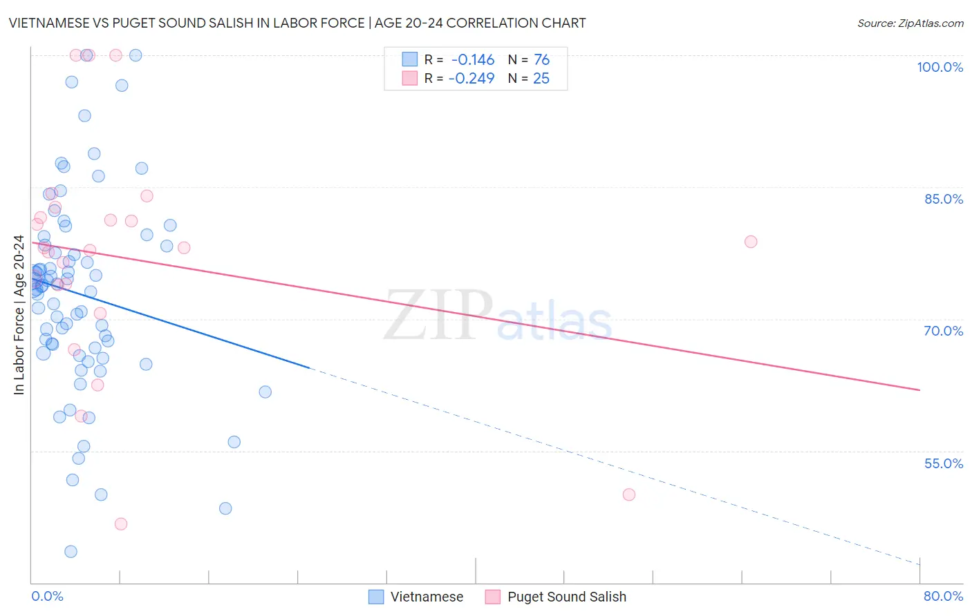Vietnamese vs Puget Sound Salish In Labor Force | Age 20-24