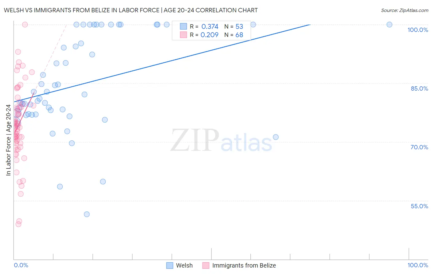 Welsh vs Immigrants from Belize In Labor Force | Age 20-24