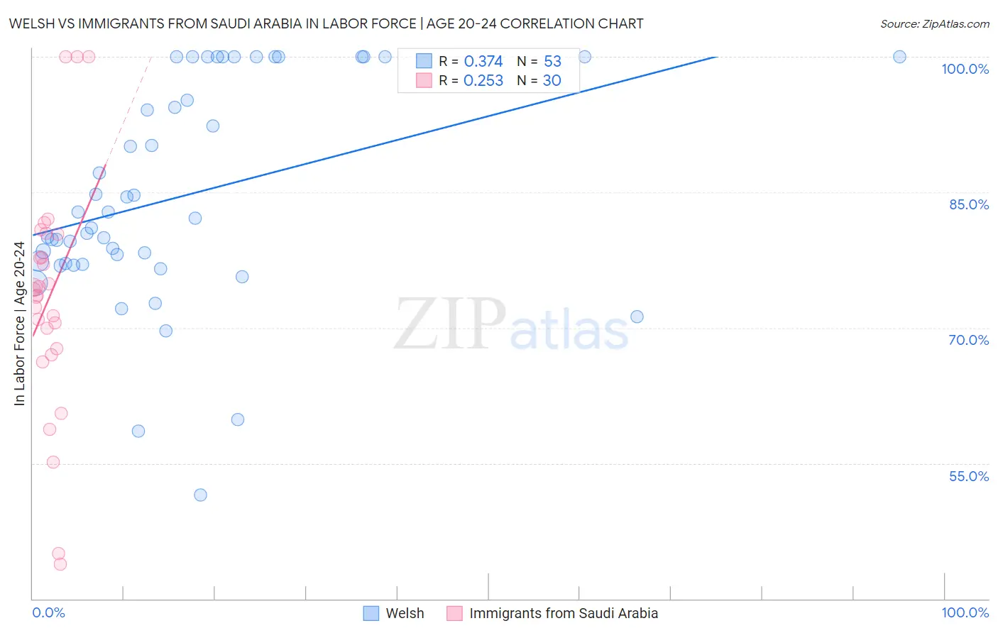 Welsh vs Immigrants from Saudi Arabia In Labor Force | Age 20-24