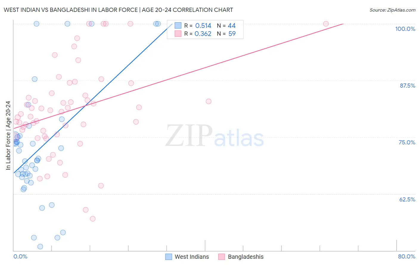 West Indian vs Bangladeshi In Labor Force | Age 20-24
