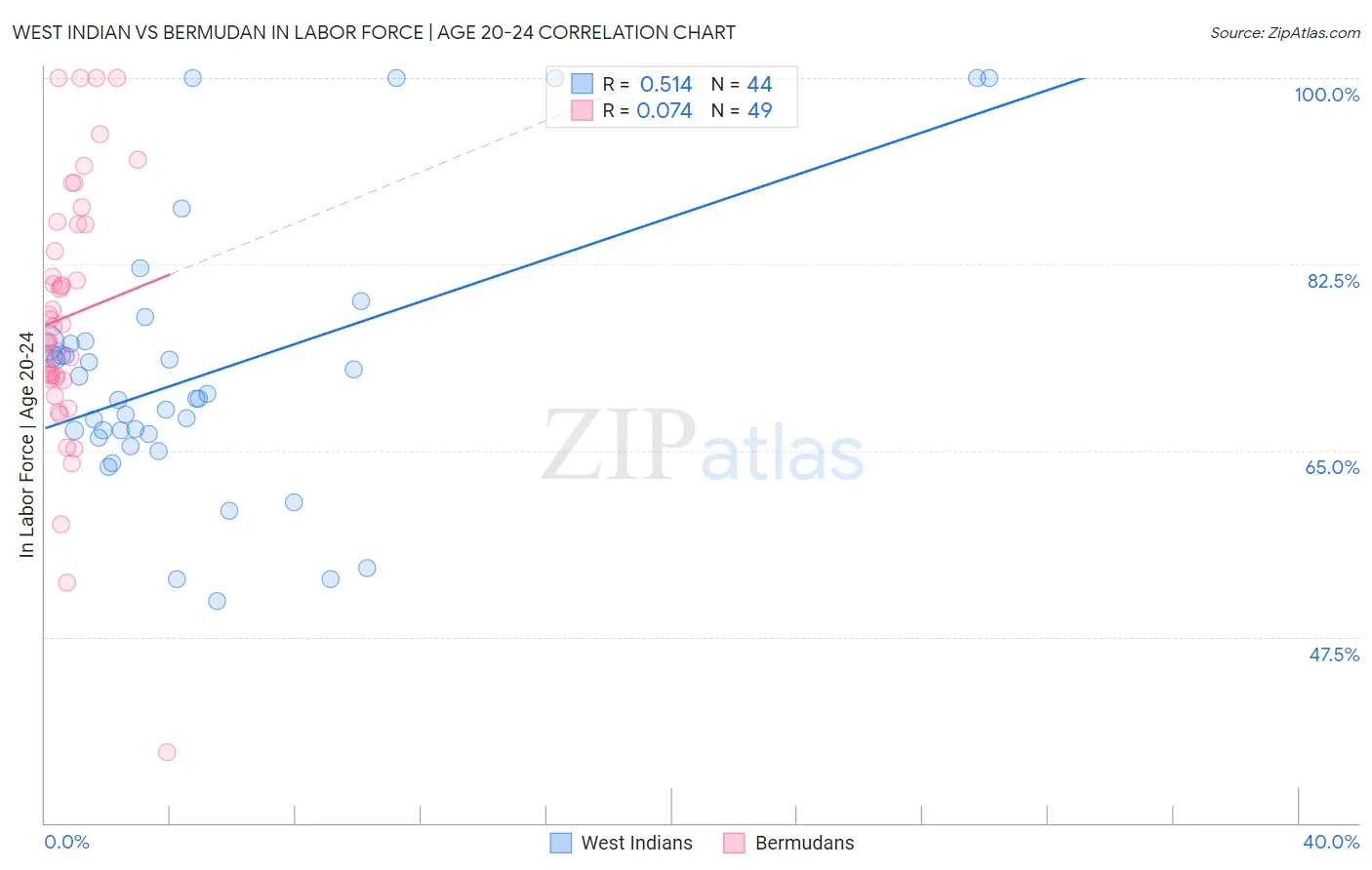West Indian vs Bermudan In Labor Force | Age 20-24