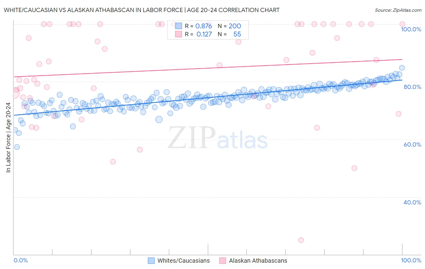 White/Caucasian vs Alaskan Athabascan In Labor Force | Age 20-24