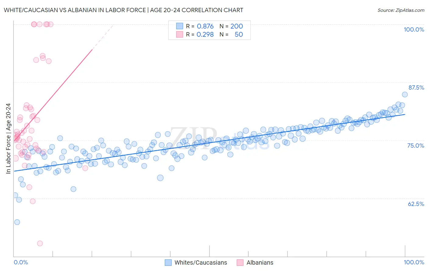 White/Caucasian vs Albanian In Labor Force | Age 20-24