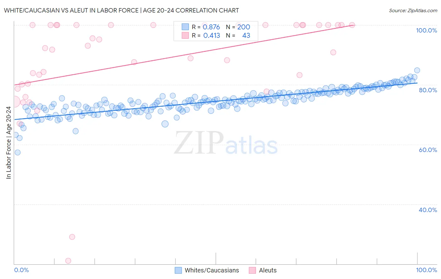White/Caucasian vs Aleut In Labor Force | Age 20-24