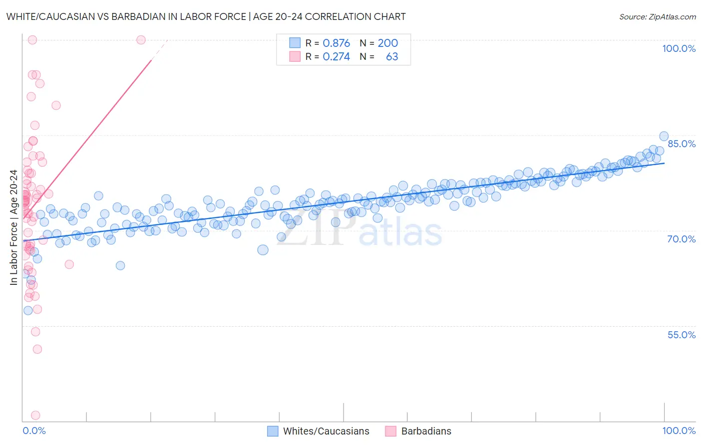 White/Caucasian vs Barbadian In Labor Force | Age 20-24