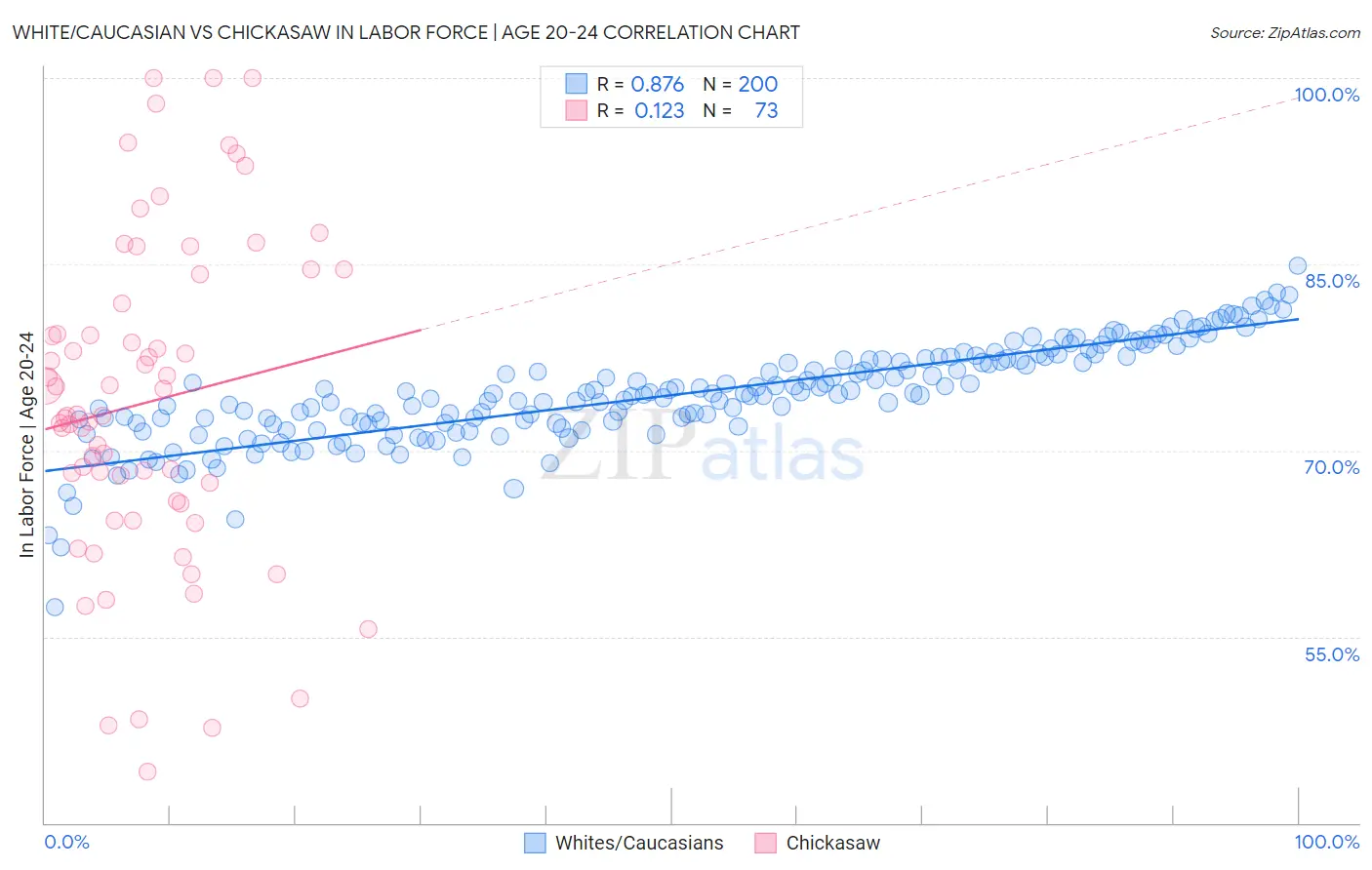 White/Caucasian vs Chickasaw In Labor Force | Age 20-24
