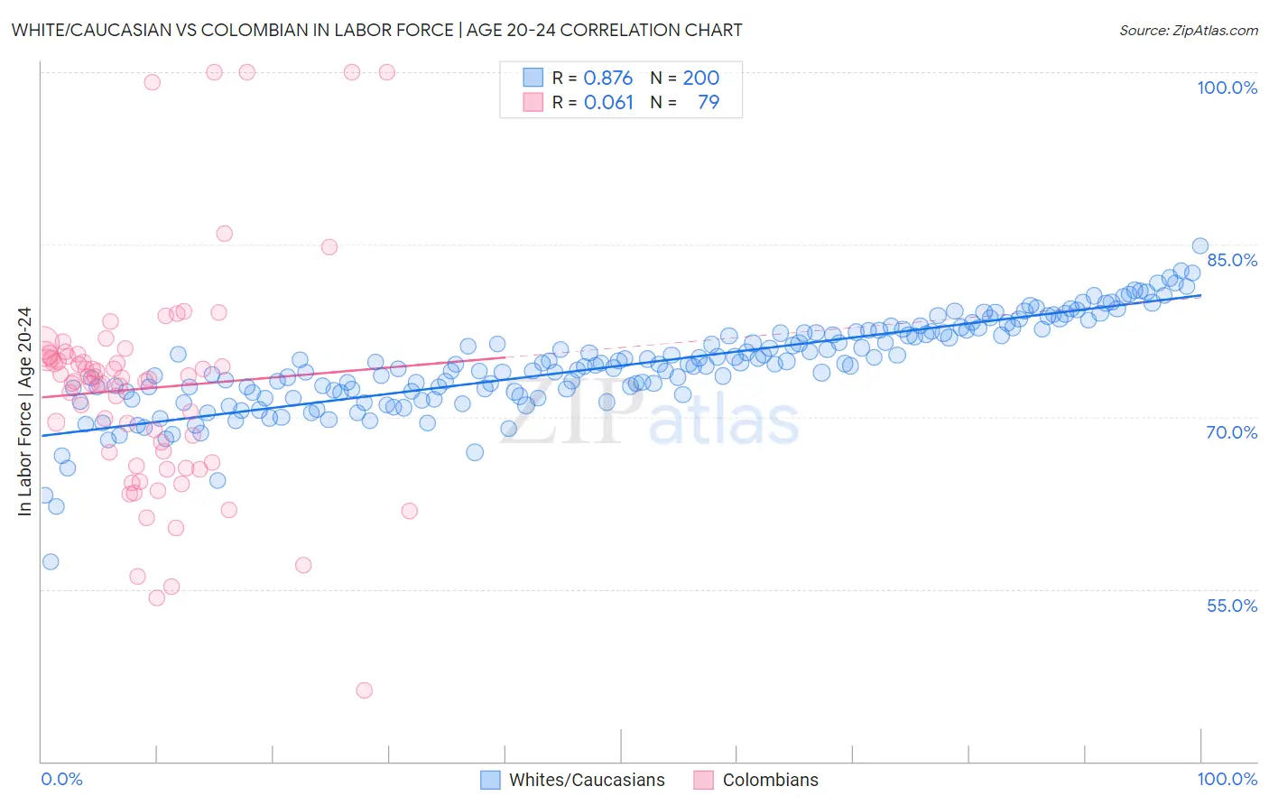 White/Caucasian vs Colombian In Labor Force | Age 20-24