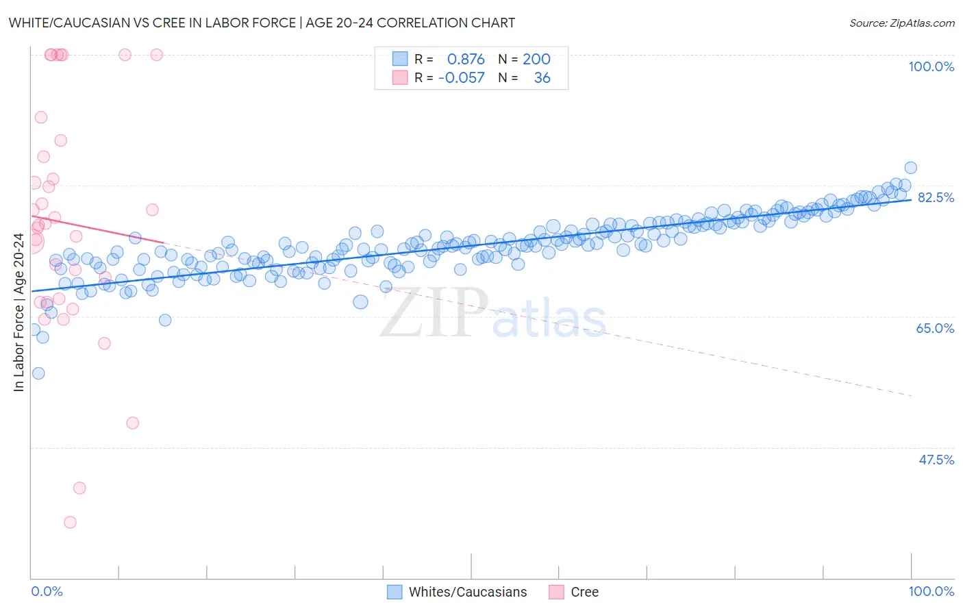 White/Caucasian vs Cree In Labor Force | Age 20-24