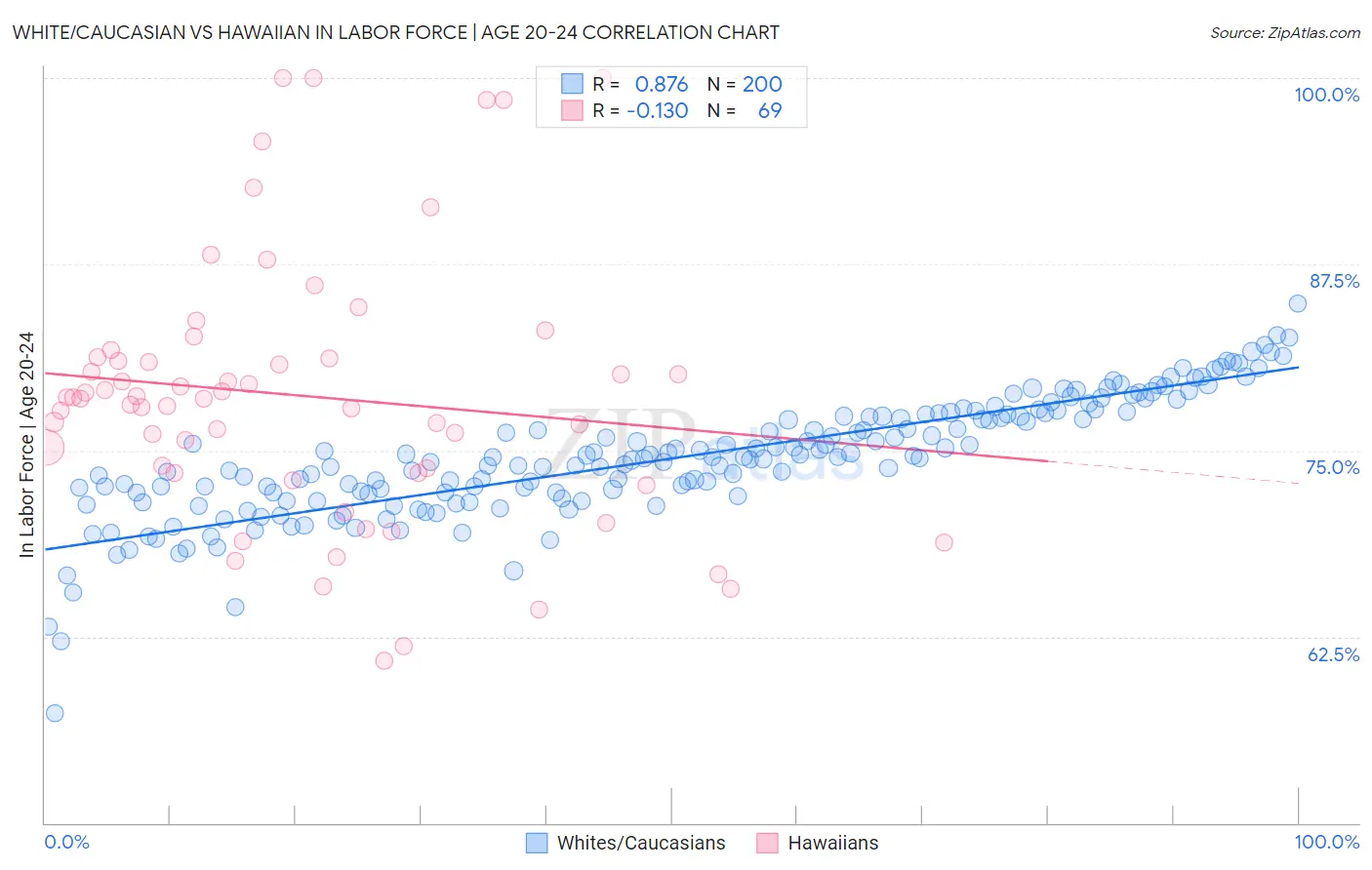White/Caucasian vs Hawaiian In Labor Force | Age 20-24