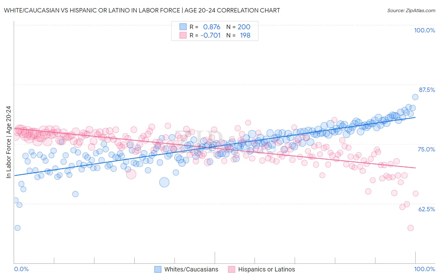 White/Caucasian vs Hispanic or Latino In Labor Force | Age 20-24