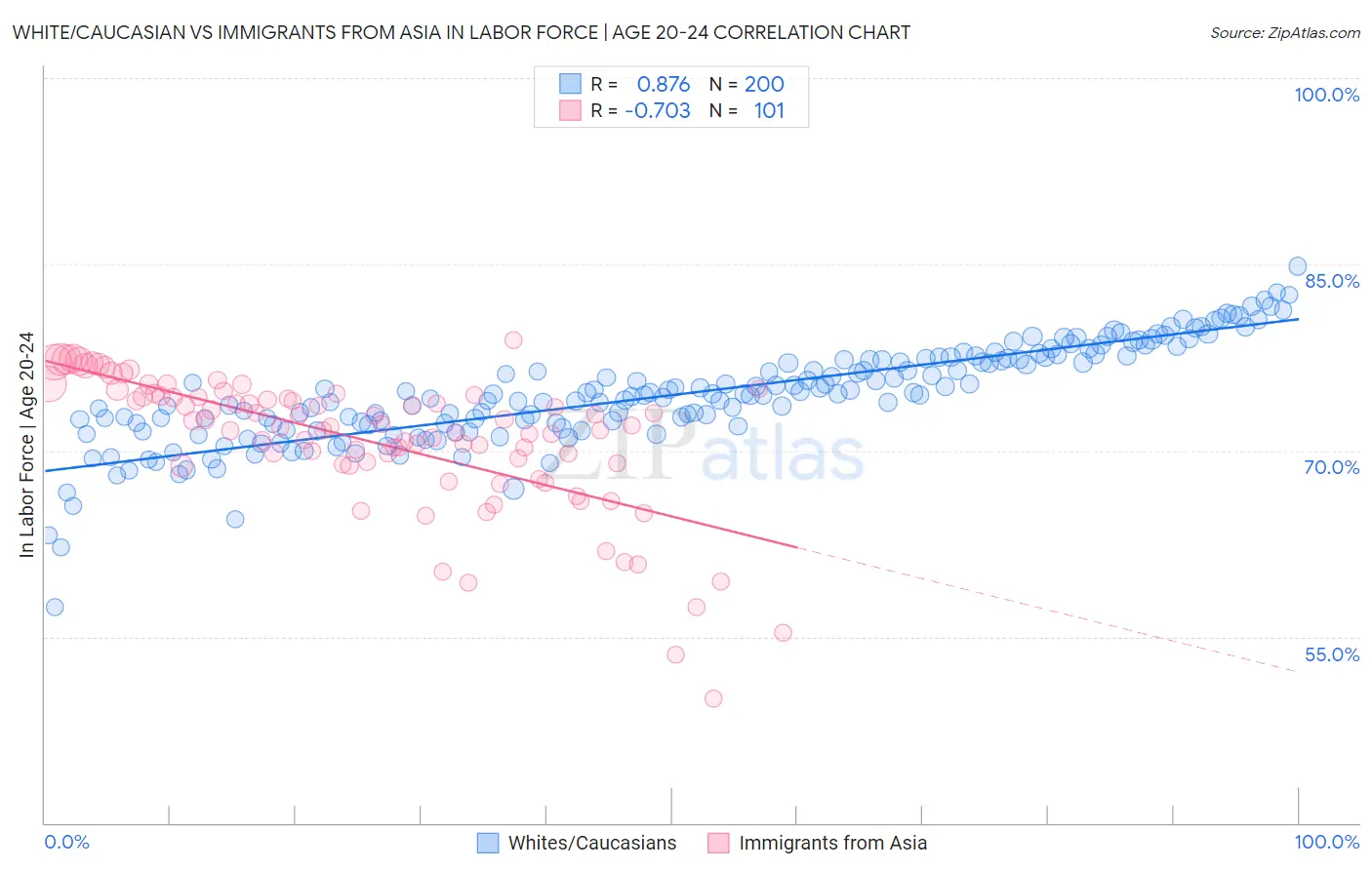 White/Caucasian vs Immigrants from Asia In Labor Force | Age 20-24